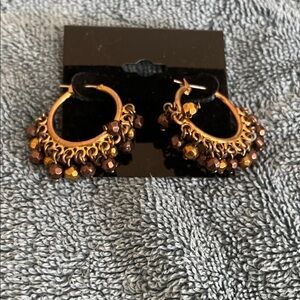 Gold Hoop Earrings with Brown Bead Fringe - Women Jewelry